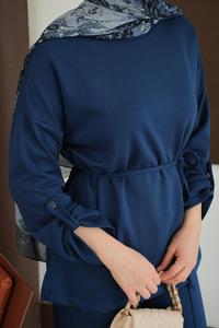 Bel Bağlamalı İkili Takım Saks Mavi