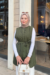 Bel Bağlamalı İnce Yelek  Haki Yeşil