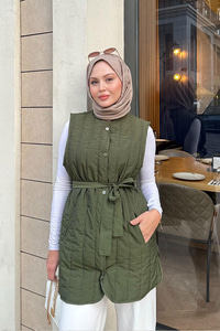 Bel Bağlamalı İnce Yelek  Haki Yeşil