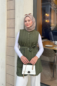 Bel Bağlamalı İnce Yelek  Haki Yeşil