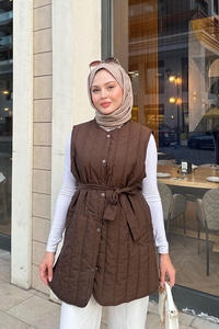 Bel Bağlamalı İnce Yelek  Kahverengi