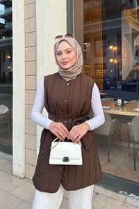 Bel Bağlamalı İnce Yelek Kahverengi