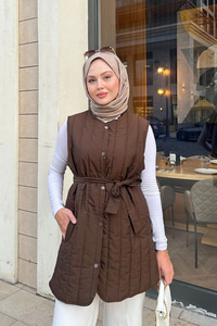 Bel Bağlamalı İnce Yelek Kahverengi