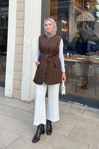 Bel Bağlamalı İnce Yelek  Kahverengi