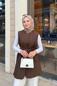 Bel Bağlamalı İnce Yelek  Kahverengi