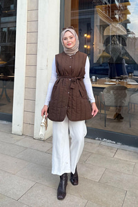 Bel Bağlamalı İnce Yelek  Kahverengi