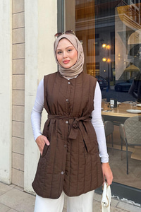 Bel Bağlamalı İnce Yelek  Kahverengi