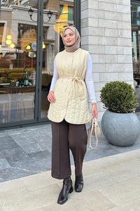 Bel Bağlamalı İnce Yelek Krem