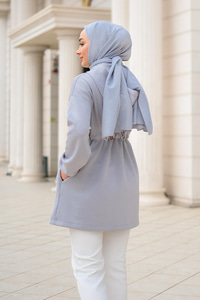 Bel Bağlamalı Kapüşonlu Hırka Gri