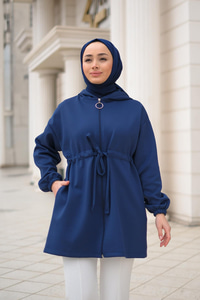 Bel Bağlamalı Kapüşonlu Hırka Lacivert