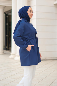 Bel Bağlamalı Kapüşonlu Hırka Lacivert