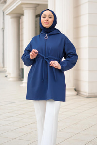 Bel Bağlamalı Kapüşonlu Hırka Lacivert