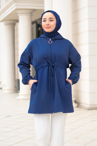 Bel Bağlamalı Kapüşonlu Hırka Lacivert