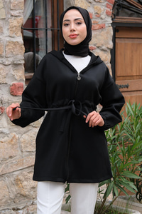Bel Bağlamalı Kapüşonlu Hırka Siyah