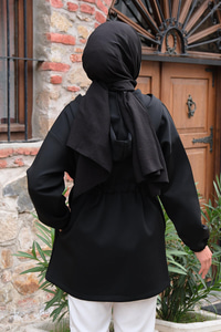 Bel Bağlamalı Kapüşonlu Hırka Siyah