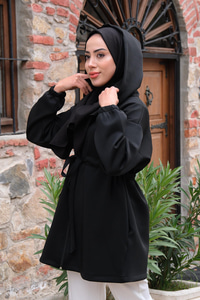 Bel Bağlamalı Kapüşonlu Hırka Siyah