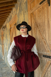 Bel Bağlamalı Kaşe Yelek Bordo