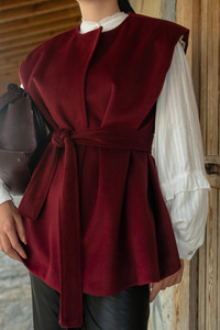 Bel Bağlamalı Kaşe Yelek Bordo
