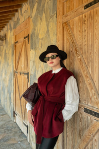 Bel Bağlamalı Kaşe Yelek Bordo