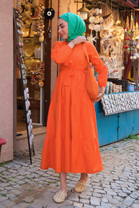 BEL BAGLAMALI KAT KAT ELBISE  TURUNCU