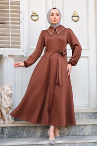 Bel Bağlamalı Kiloş Elbise Kahverengi