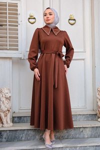 Bel Bağlamalı Kiloş Elbise Kahverengi