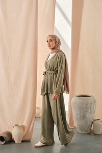 Bel Bağlamalı Kimono Takım Açık Yeşil