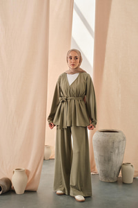 Bel Bağlamalı Kimono Takım Açık Yeşil