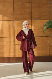 Bel Bağlamalı Kimono Takım Bordo