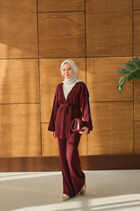 Bel Bağlamalı Kimono Takım Bordo