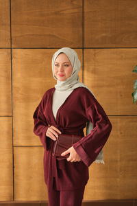 Bel Bağlamalı Kimono Takım Bordo
