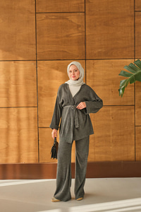 Bel Bağlamalı Kimono Takım Gri
