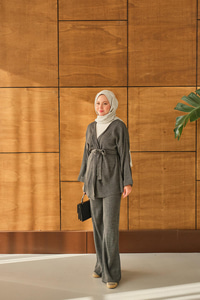 Bel Bağlamalı Kimono Takım Gri