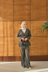 Bel Bağlamalı Kimono Takım Gri