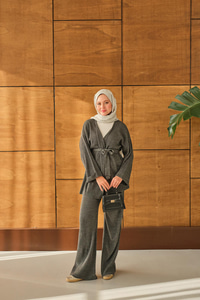 Bel Bağlamalı Kimono Takım Gri