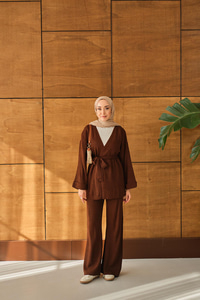 Bel Bağlamalı Kimono Takım Kahverengi