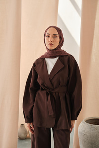 Bel Bağlamalı Kimono Takım Kahverengi