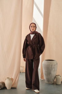 Bel Bağlamalı Kimono Takım Kahverengi