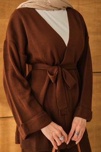 Bel Bağlamalı Kimono Takım Kahverengi