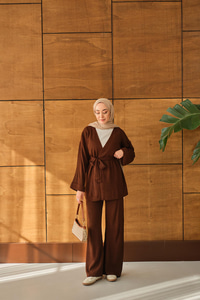 Bel Bağlamalı Kimono Takım Kahverengi