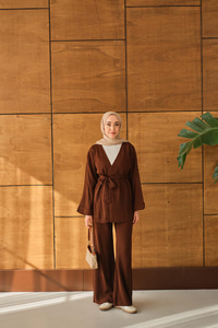 Bel Bağlamalı Kimono Takım Kahverengi