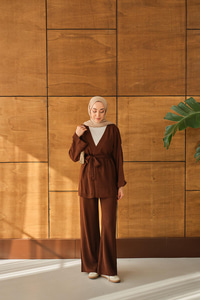 Bel Bağlamalı Kimono Takım Kahverengi