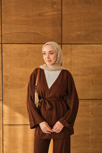 Bel Bağlamalı Kimono Takım Kahverengi