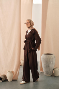 Bel Bağlamalı Kimono Takım Kahverengi