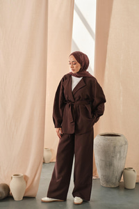 Bel Bağlamalı Kimono Takım Kahverengi