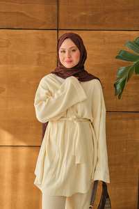 Bel Bağlamalı Kimono Takım Krem