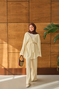 Bel Bağlamalı Kimono Takım Krem