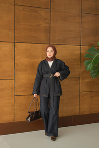 Bel Bağlamalı Kimono Takım Lacivert