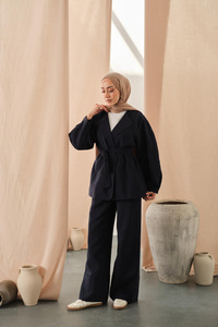 Bel Bağlamalı Kimono Takım Lacivert