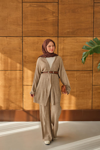 Bel Bağlamalı Kimono Takım Vizon